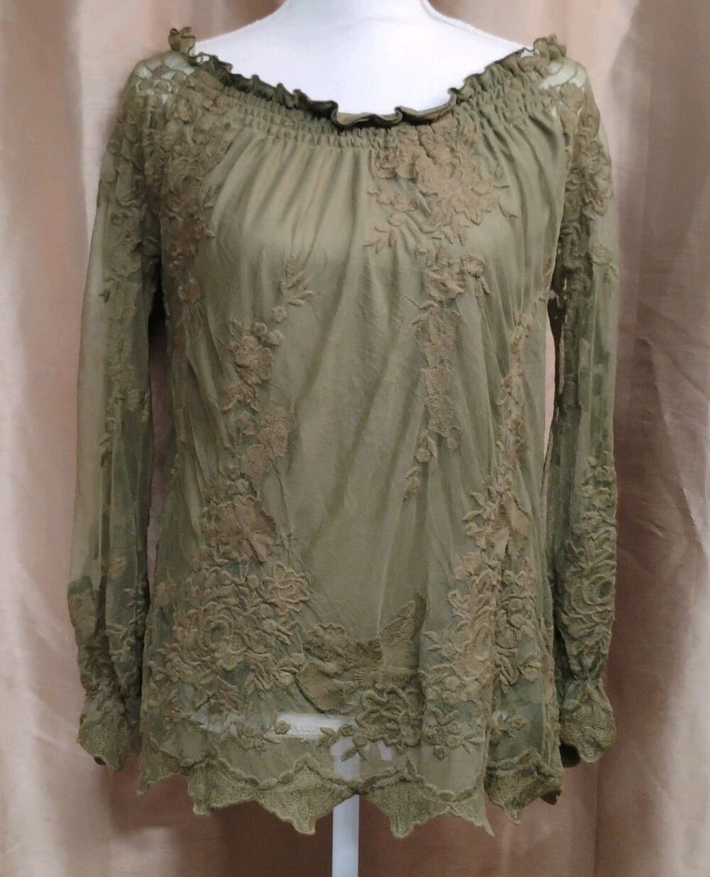 Fairy Grunge Forest Embroidered Mesh Olive Off-Shoulder  XS Long Sleeve